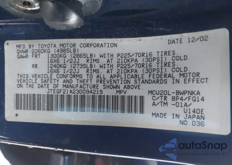 2003 Toyota Highlander V6 from USA, damaged, VIN JTEGF21A230094219